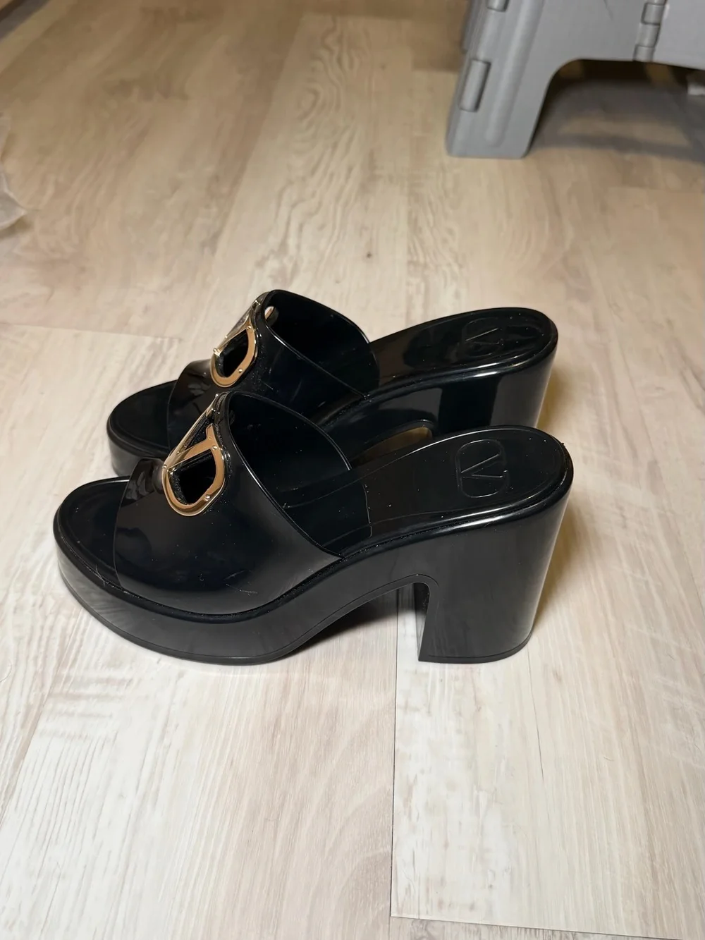 Valentino Black Patent Rubber Platform Slide Wedges with Gold Logo